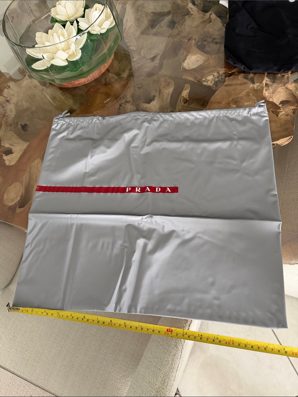 Prada Gray Dust Bag with Red Leather Logo